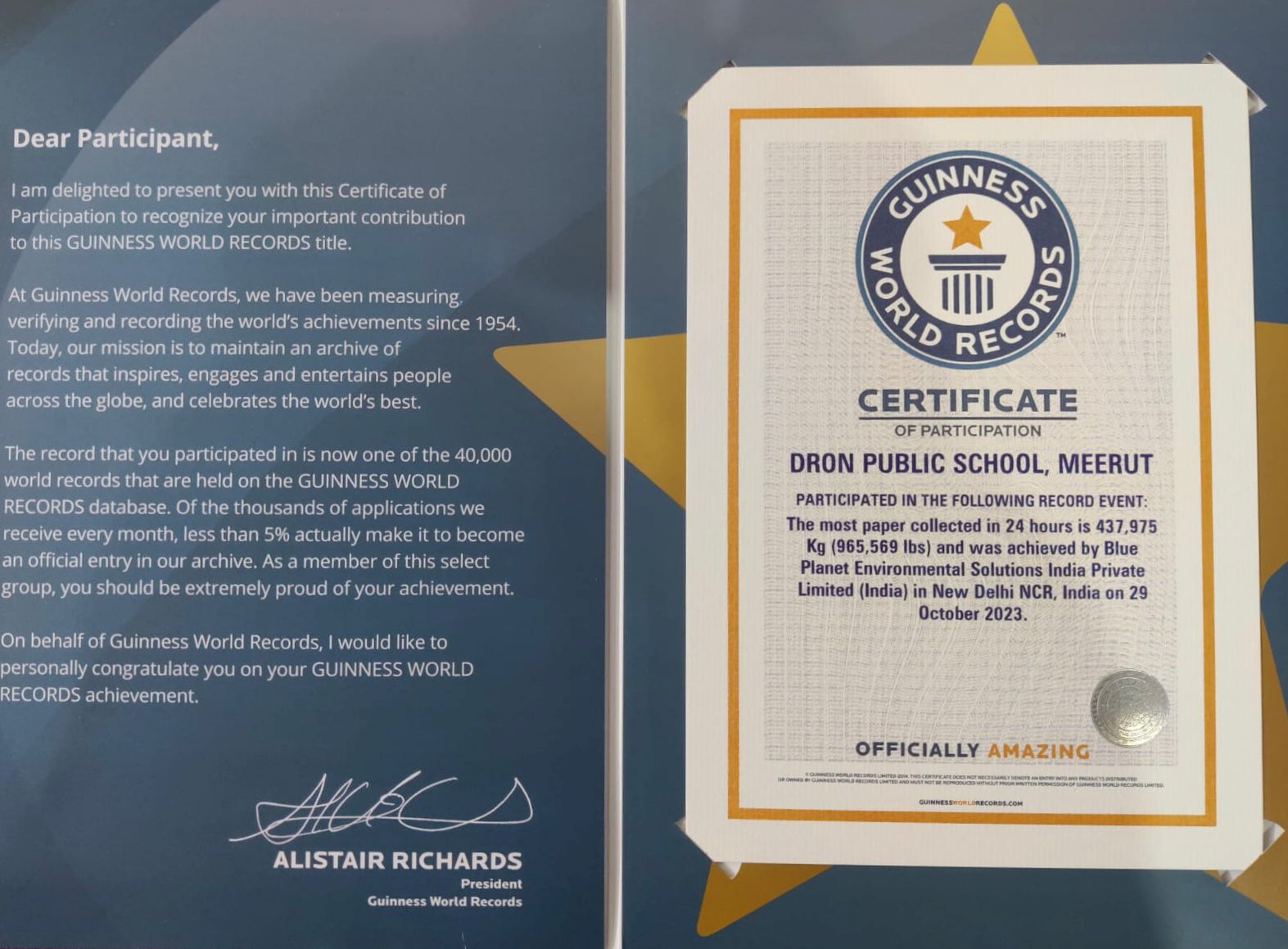 Guinness World Record Certificate - Dron Public School
